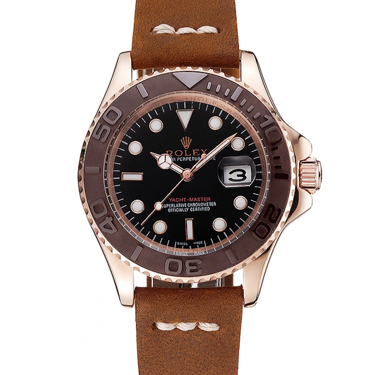 Black Bracelet Rose Yacht Brown Brown Case Leather 1453860 Dial Rolex Gold Bezel Master 0601